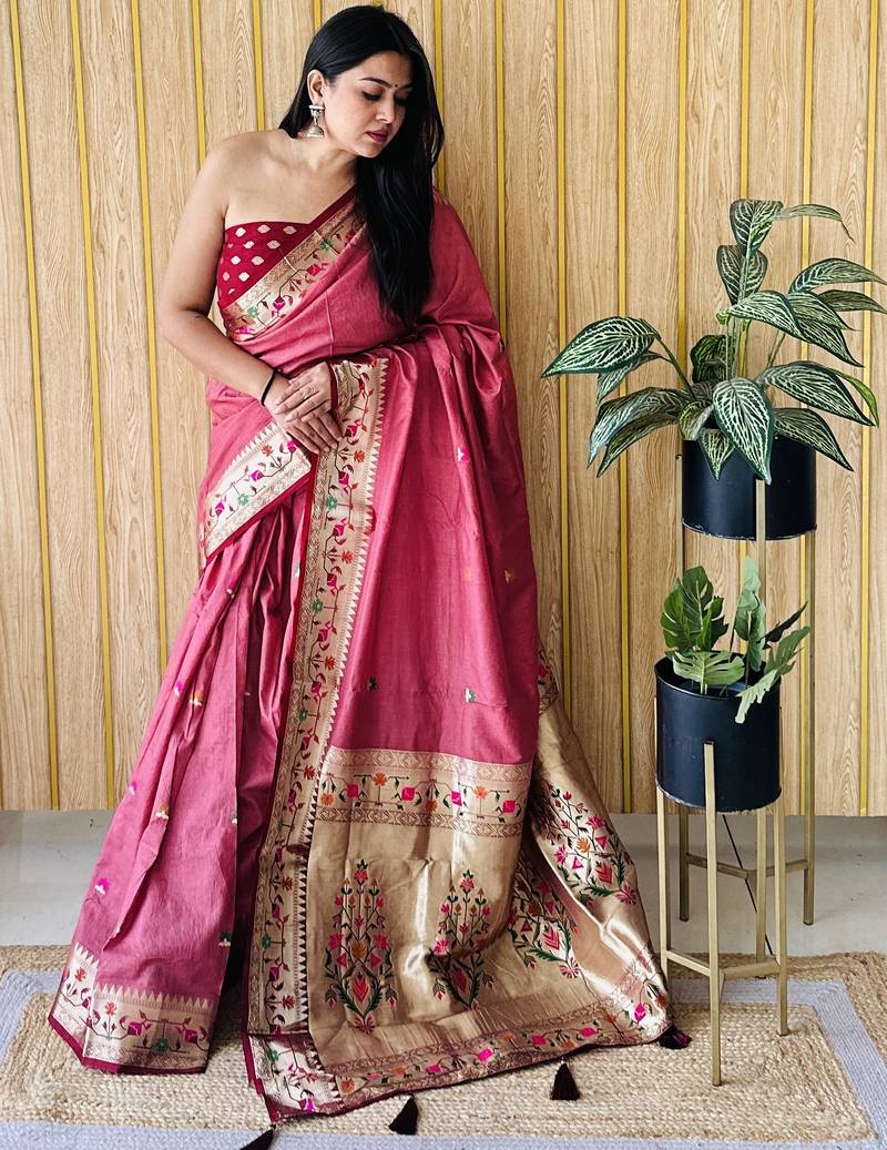 maroon paithani silk blend zari weaving saree with blouse