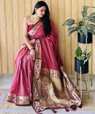 maroon paithani silk blend zari weaving saree with blouse 2