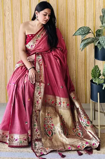 maroon paithani silk blend zari weaving saree with blouse