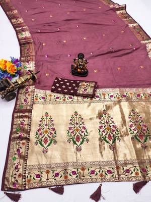 maroon paithani silk blend zari weaving saree with blouse 3
