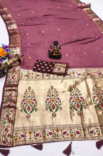 maroon paithani silk blend zari weaving saree with blouse