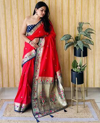 red paithani silk blend zari weaving saree with blouse 1
