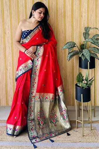 red paithani silk blend zari weaving saree with blouse