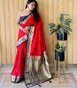 red paithani silk blend zari weaving saree with blouse