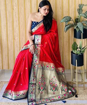red paithani silk blend zari weaving saree with blouse 2