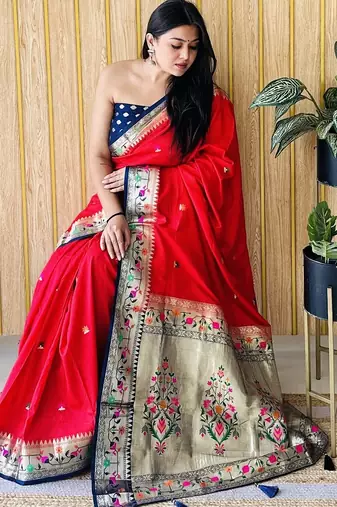 red paithani silk blend zari weaving saree with blouse