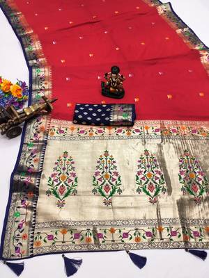 red paithani silk blend zari weaving saree with blouse 3