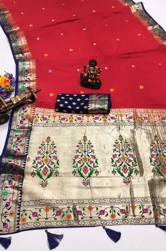 red paithani silk blend zari weaving saree with blouse