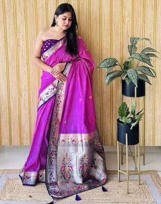 violet paithani silk blend zari weaving saree with blouse 1