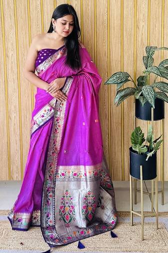 violet paithani silk blend zari weaving saree with blouse