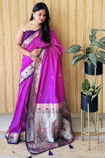 violet paithani silk blend zari weaving saree with blouse