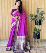 violet paithani silk blend zari weaving saree with blouse