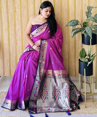 violet paithani silk blend zari weaving saree with blouse 2