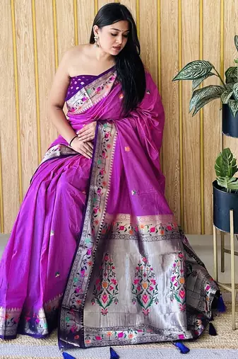 violet paithani silk blend zari weaving saree with blouse