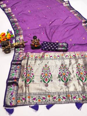 violet paithani silk blend zari weaving saree with blouse 3