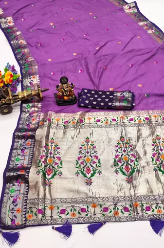 violet paithani silk blend zari weaving saree with blouse