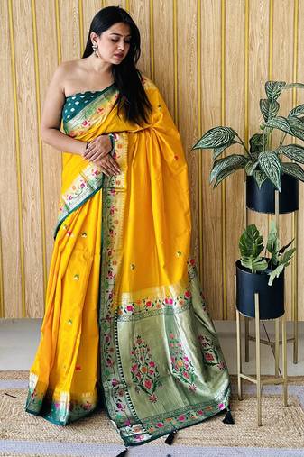 yellow paithani silk blend zari weaving saree with blouse
