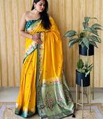 yellow paithani silk blend zari weaving saree with blouse