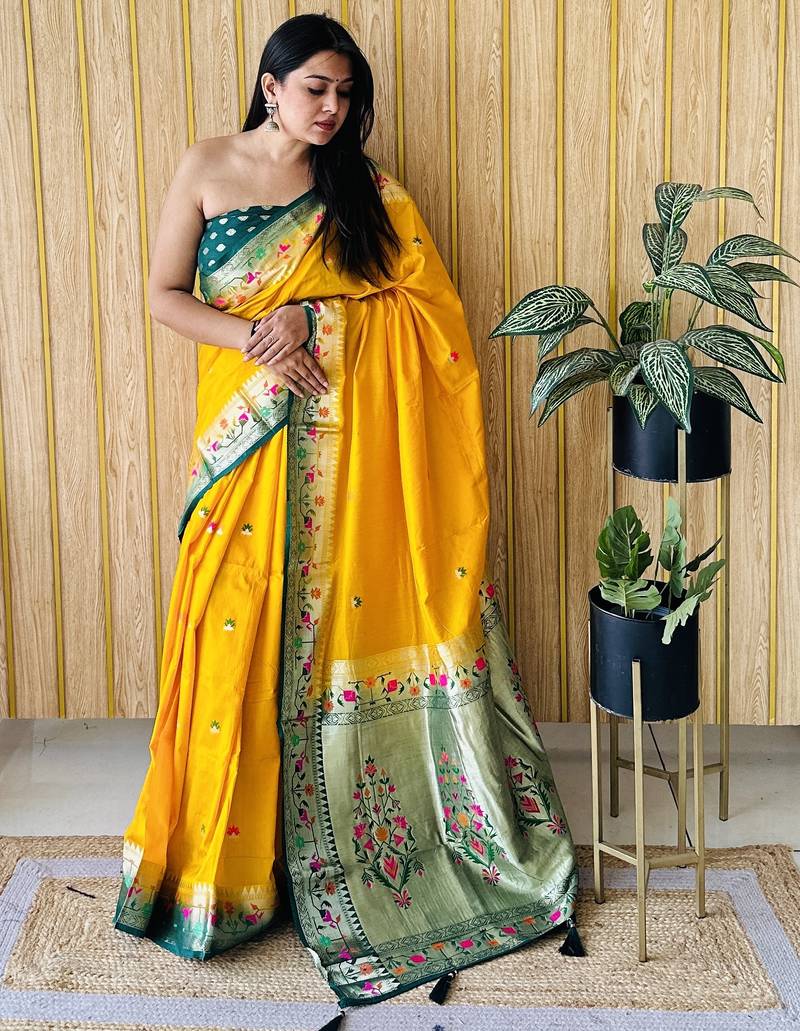 yellow paithani silk blend zari weaving saree with blouse