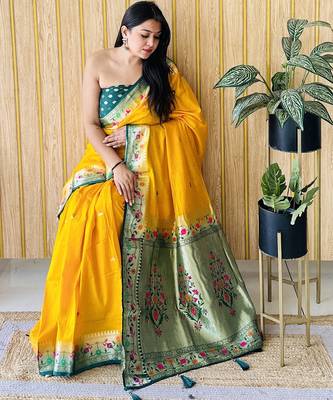 yellow paithani silk blend zari weaving saree with blouse 2