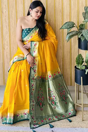 yellow paithani silk blend zari weaving saree with blouse