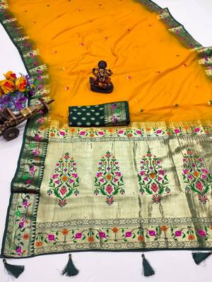 yellow paithani silk blend zari weaving saree with blouse 3