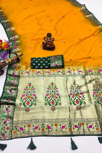 yellow paithani silk blend zari weaving saree with blouse