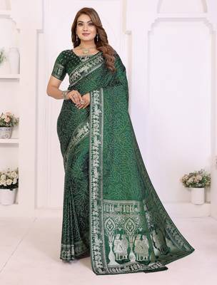 green satin bandhej printed saree with blouse 1