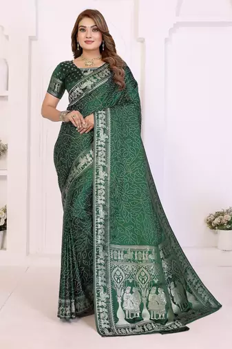 green satin bandhej printed saree with blouse