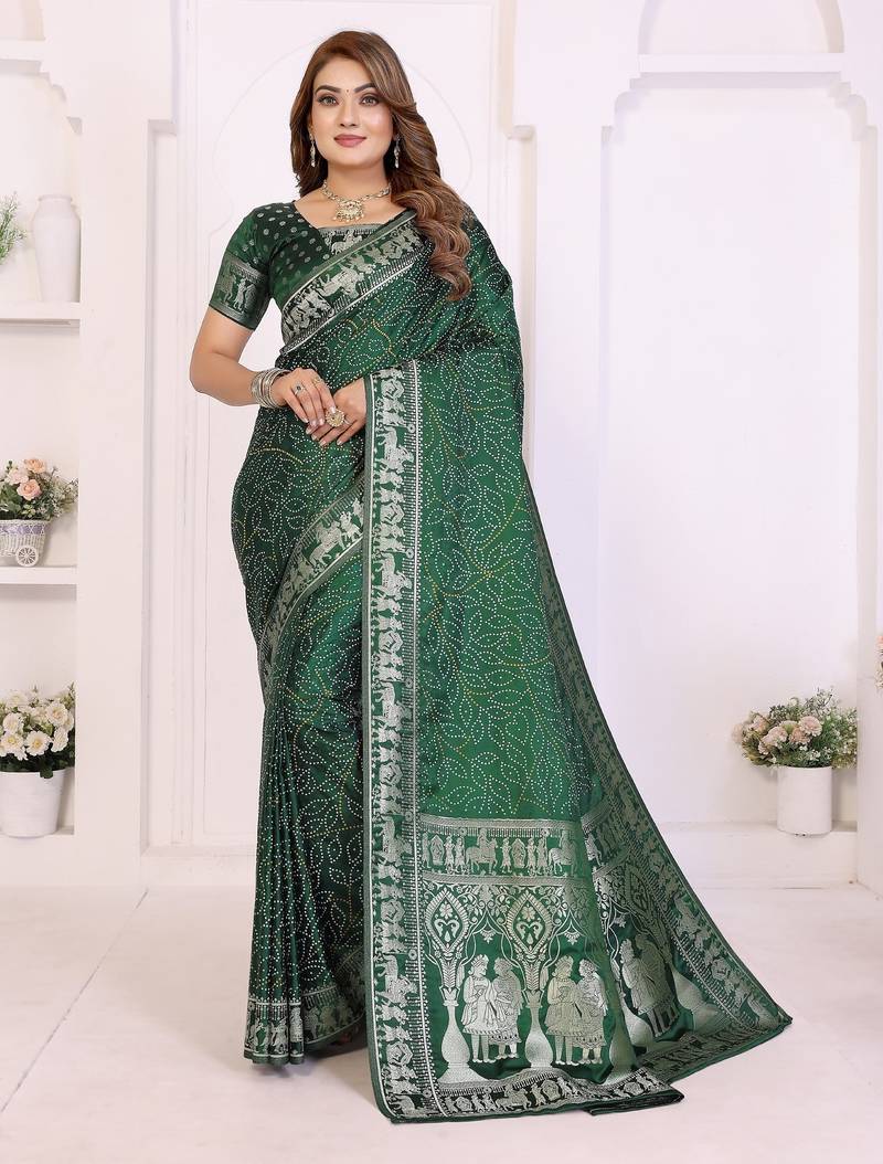 green satin bandhej printed saree with blouse