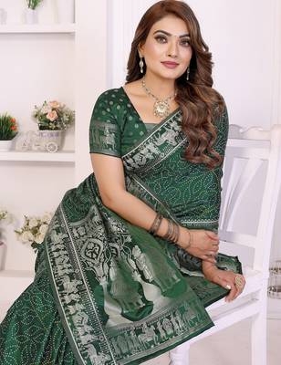 green satin bandhej printed saree with blouse 2