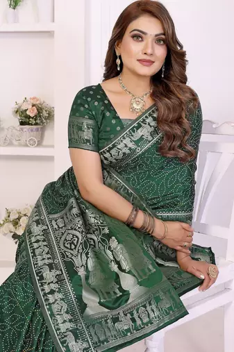 green satin bandhej printed saree with blouse
