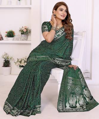 green satin bandhej printed saree with blouse 3