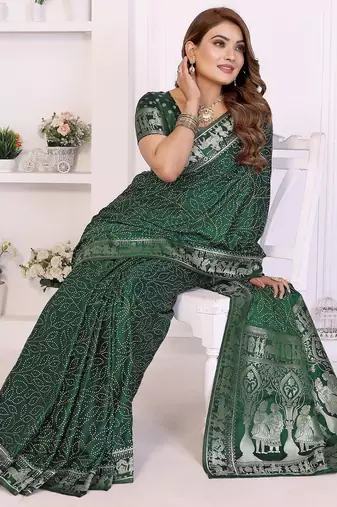 green satin bandhej printed saree with blouse
