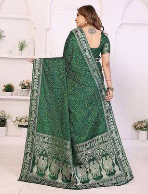 green satin bandhej printed saree with blouse 4