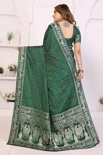 green satin bandhej printed saree with blouse