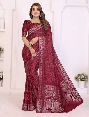 maroon satin bandhej printed saree with blouse 1