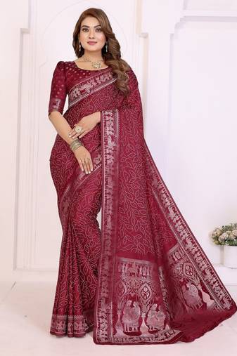 maroon satin bandhej printed saree with blouse