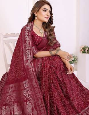 maroon satin bandhej printed saree with blouse 2