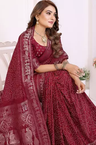 maroon satin bandhej printed saree with blouse
