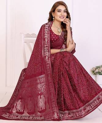 maroon satin bandhej printed saree with blouse 3