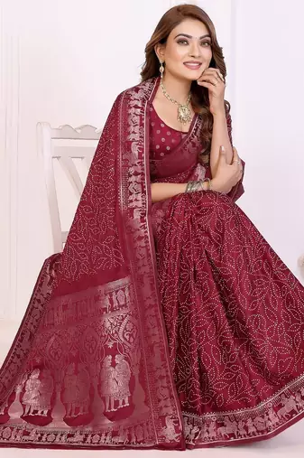 maroon satin bandhej printed saree with blouse