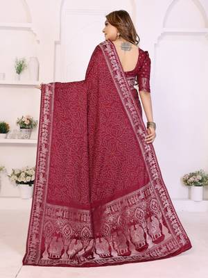maroon satin bandhej printed saree with blouse 4