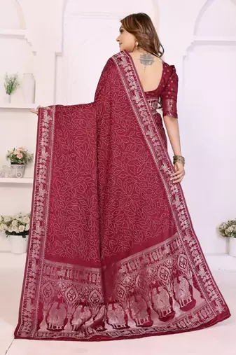 maroon satin bandhej printed saree with blouse