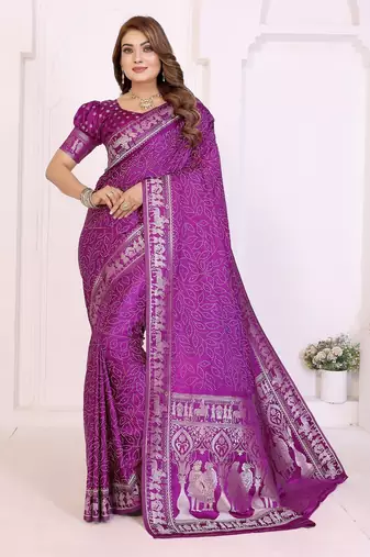 purple satin bandhej printed saree with blouse