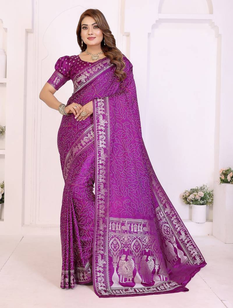 purple satin bandhej printed saree with blouse