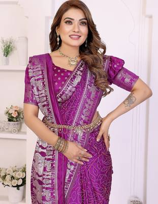 purple satin bandhej printed saree with blouse 2