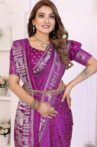 purple satin bandhej printed saree with blouse