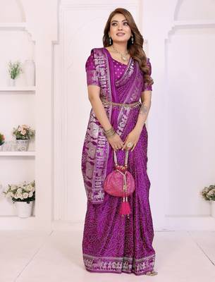 purple satin bandhej printed saree with blouse 3