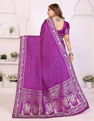 purple satin bandhej printed saree with blouse 4